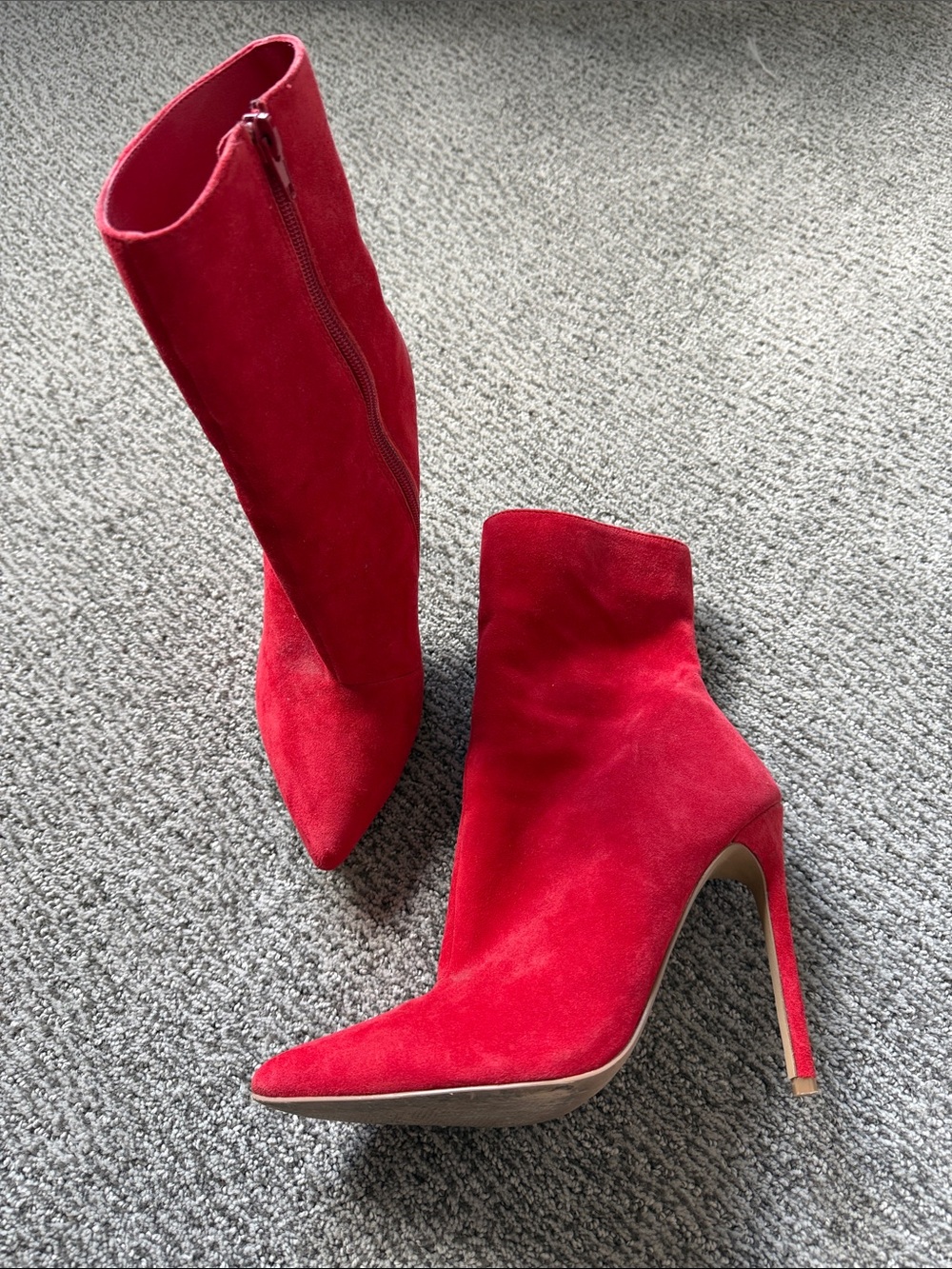 Red Suede Pointed-Toe Stiletto Ankle Boots